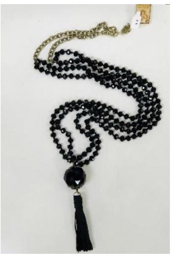 Black crystal tassel necklace